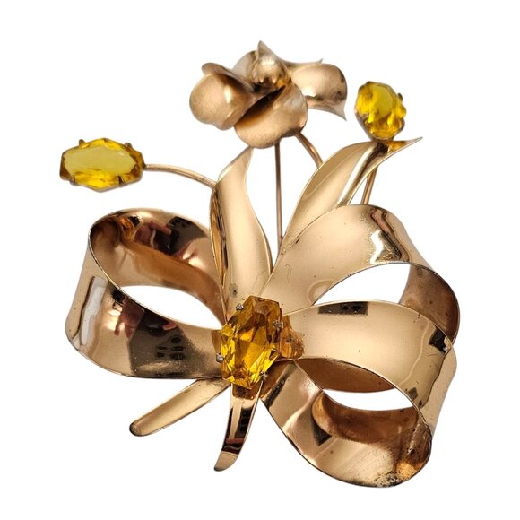 Sterling By Jordan Uranium Glass Rhinestone Flower Brooch Gold Vermeil Pin, L957 - Picture 3 of 11